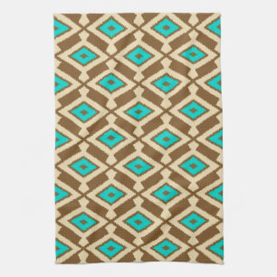 Tribal Ikat Pattern, Beige, Taupe and Turquoise Kitchen Towel