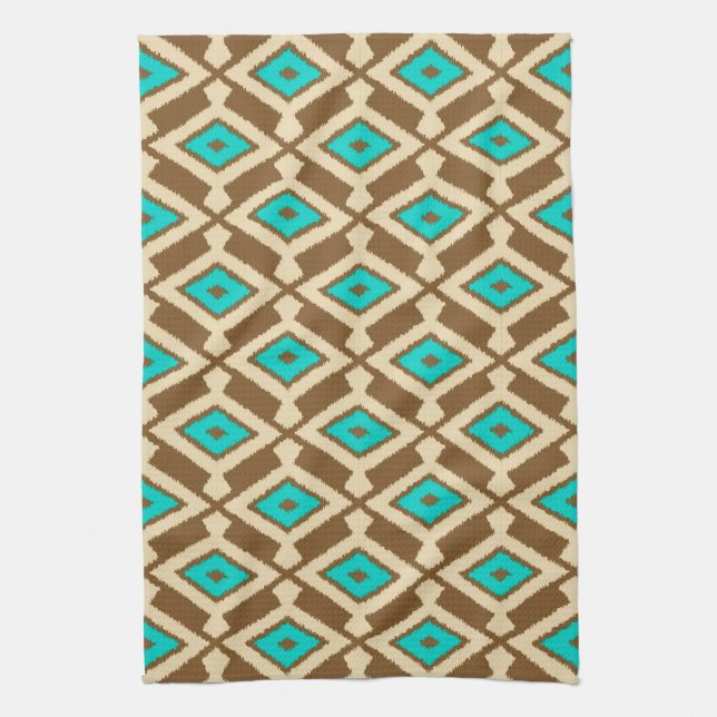 Tribal Ikat Pattern, Beige, Taupe and Turquoise Kitchen Towel (Vertical)