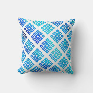 Tribal key pattern painted aqua white pillow