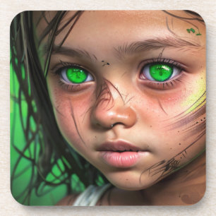 Tribal Kids Futuristic Girl Glowing Green Eyes Coaster