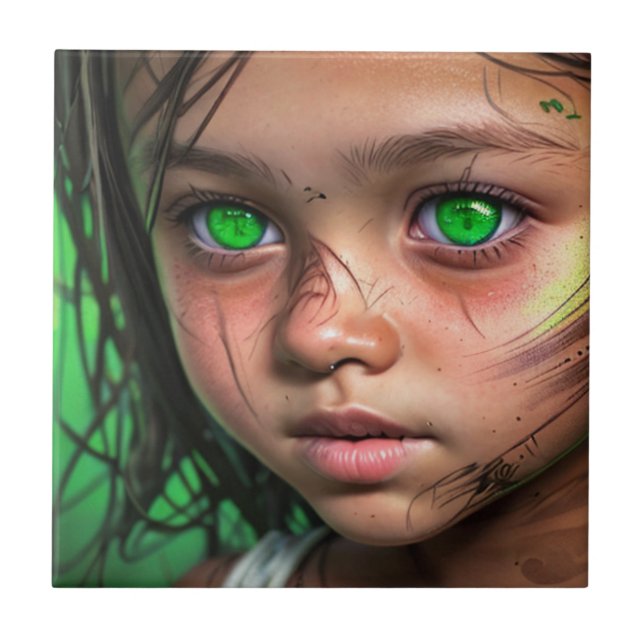 Tribal Kids |  Futuristic Girl Glowing Green Eyes Tile (Front)