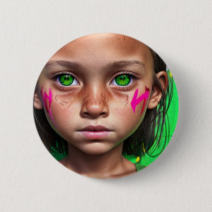 Tribal Kids    Futuristic Stoic Girl Green Eyes 2 Inch Round Button