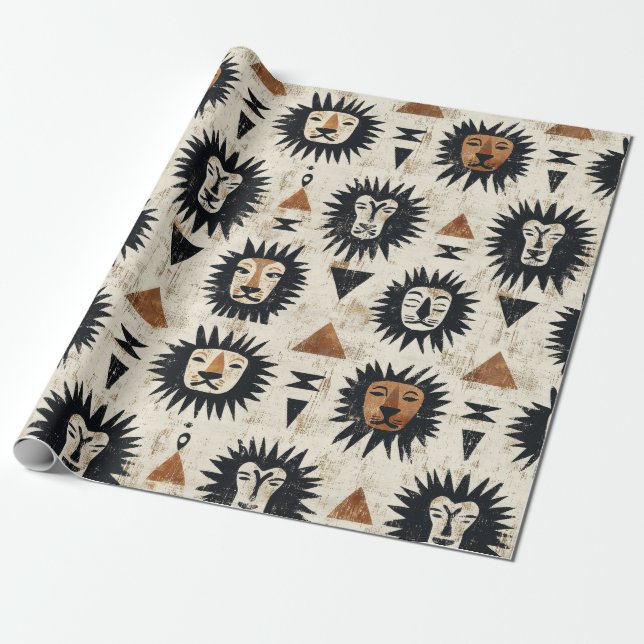 Tribal Lion Safari Pattern Wrapping Paper (Unrolled)