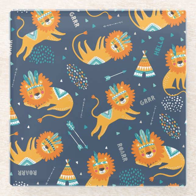 Tribal Lions Cartoon Seamless Pattern Glass Coaster (Front)