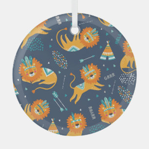 Tribal Lions Cartoon Seamless Pattern Glass Ornament