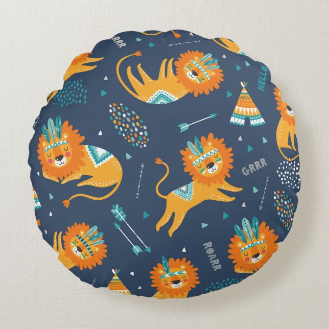 Tribal Lions Cartoon Seamless Pattern Round Pillow (Front)