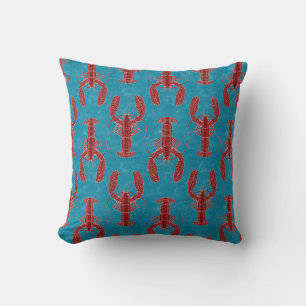 Tribal Lobster Red on Blue Nautical Throw Pillow