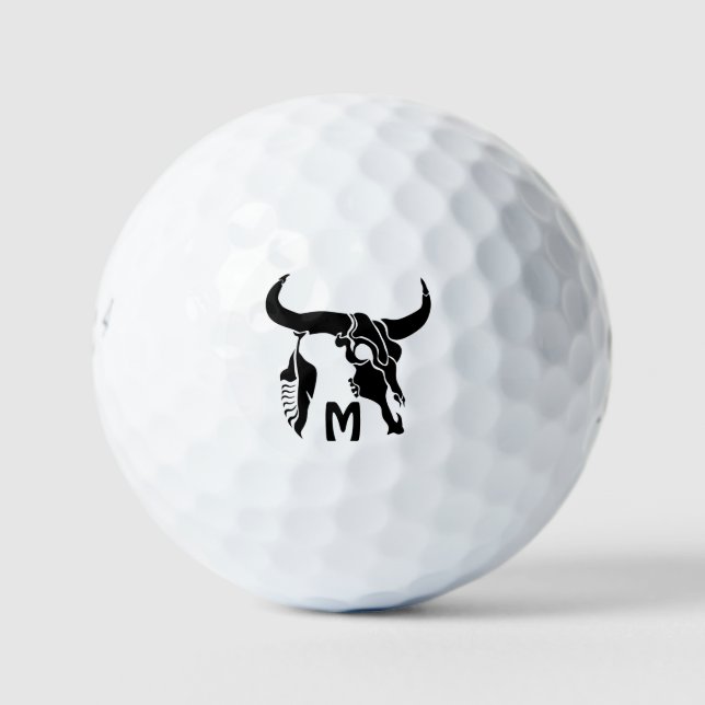 Tribal Longhorn Bull Skull with Black Feather Golf Balls (Front)