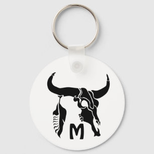 Tribal Longhorn Bull Skull with Black Feather Keychain