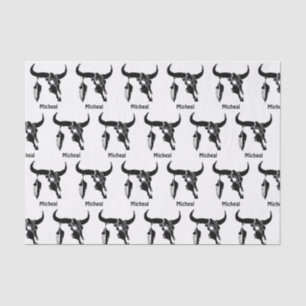 Tribal Longhorn Bull Skull with Black Feather Tissue Paper