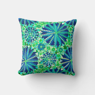 Tribal Mandala Print, Cobalt Blue and Green Throw Pillow