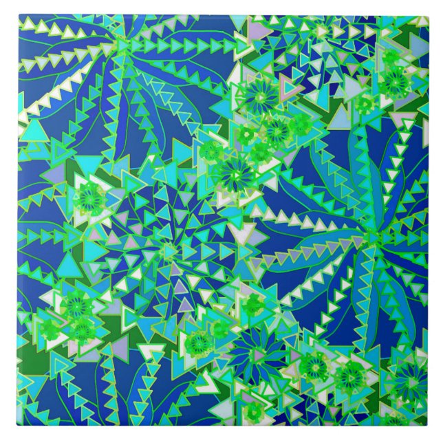 Tribal Mandala Print, Cobalt Blue and Green Tile (Front)