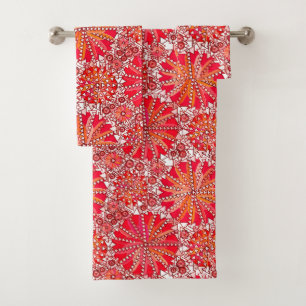 Tribal Mandala Print, Coral Red and White Bath Towel Set