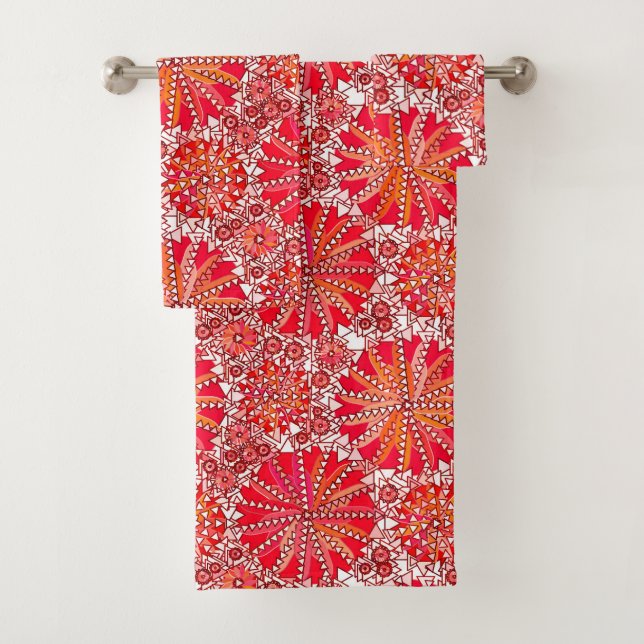 Tribal Mandala Print, Coral Red and White Bath Towel Set (Insitu)