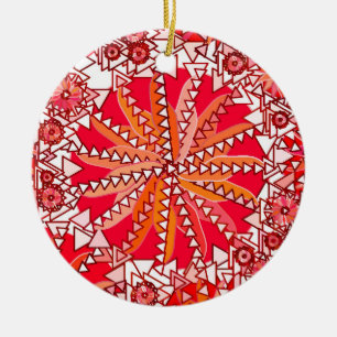 Tribal Mandala Print, Coral Red and White Ceramic Ornament