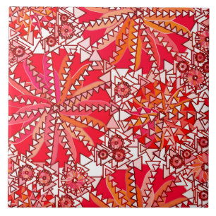 Tribal Mandala Print, Coral Red and White Tile