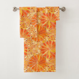 Tribal Mandala Print, Orange and Mustard Gold Bath Towel Set