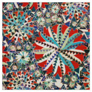 Tribal Mandala Print, Red, Blue and Cream Fabric