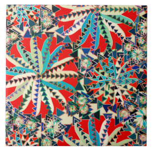 Tribal Mandala Print, Red, Blue and Cream Tile