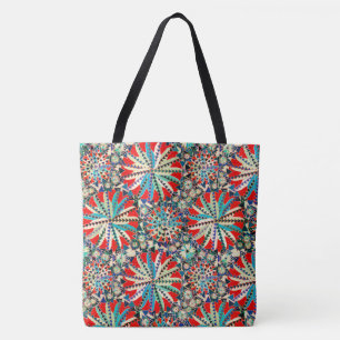 Tribal Mandala Print, Red, Blue and Cream Tote Bag