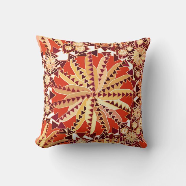 Tribal Mandala Print, Rust Orange and Brown Throw Pillow (Front)