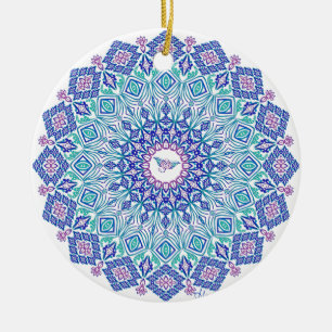 Tribal Manta Mandala on White Ceramic Ornament