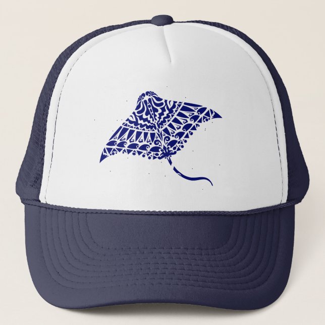 Tribal Manta Ray Cool Blue White Trucker Hat (Front)