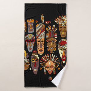 Tribal mask ethnic set, sketch bath towel