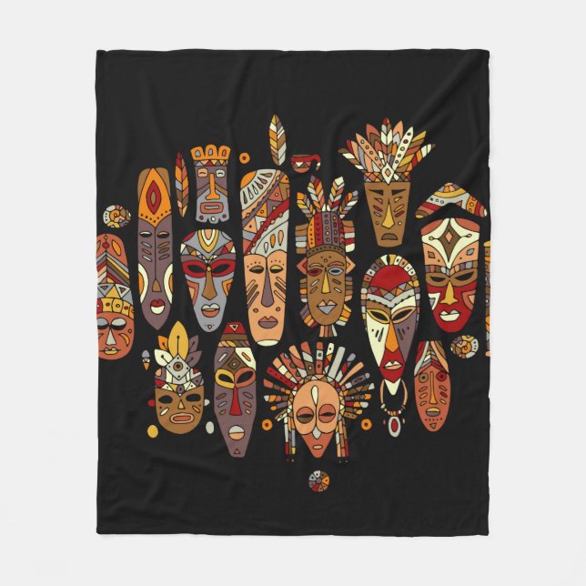 Tribal mask ethnic set, sketch fleece blanket (Front)