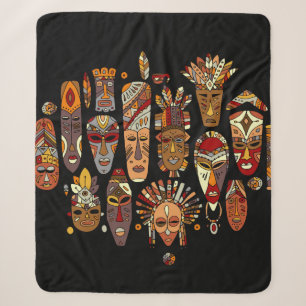 Tribal mask ethnic set, sketch sherpa blanket