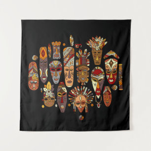 Tribal mask ethnic set, sketch tapestry