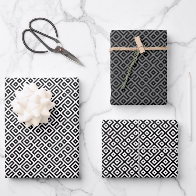 Tribal Maze Grayscale Wrapping Paper Sheets (Front)