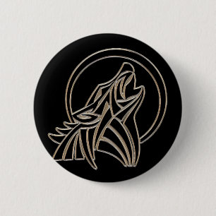 Tribal Metallic Howling Wolf Emblem 2 Inch Round Button