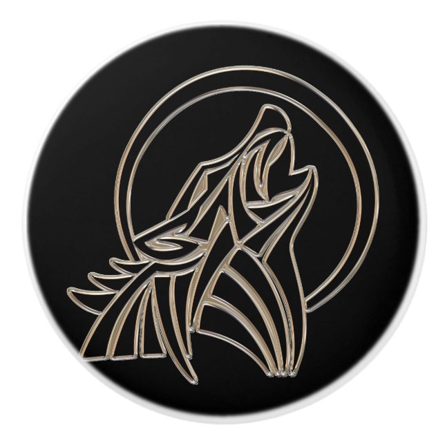 Tribal Metallic Howling Wolf Emblem Ceramic Knob (Front)