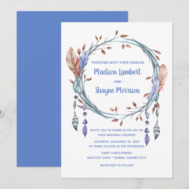 Tribal Native American Blue Feathers Boho Wedding Invitation (Front/Back)