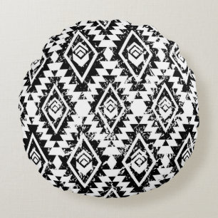 Tribal Navajo: black white geometric. Round Pillow