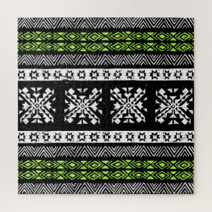 Tribal Navajo, black white green pattern. Jigsaw Puzzle
