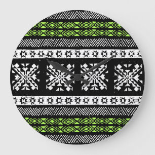 Tribal Navajo, black white green pattern. Large Clock
