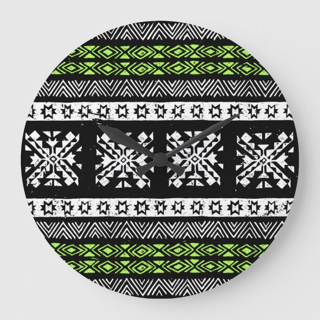 Tribal Navajo, black white green pattern. Large Clock (Front)