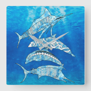 Tribal Ocean Animals Square Wall Clock