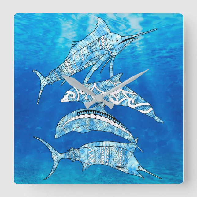 Tribal Ocean Animals Square Wall Clock (Front)