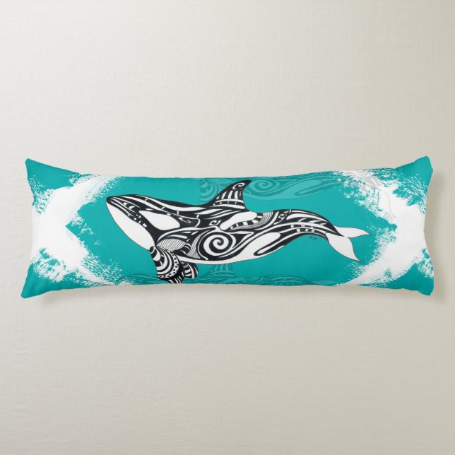 Tribal Orca Brushed Teal Body Pillow (Front)