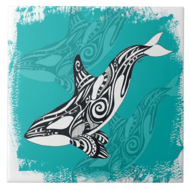 Tribal Orca Brushed Teal Tile (Front)