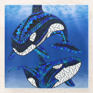 Tribal Orca Killer Whales Glass Coaster