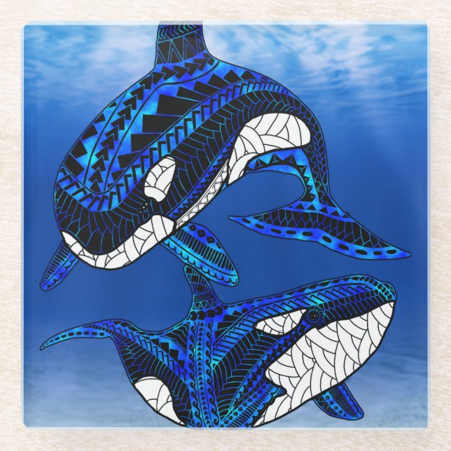 Tribal Orca Killer Whales Glass Coaster (Front)