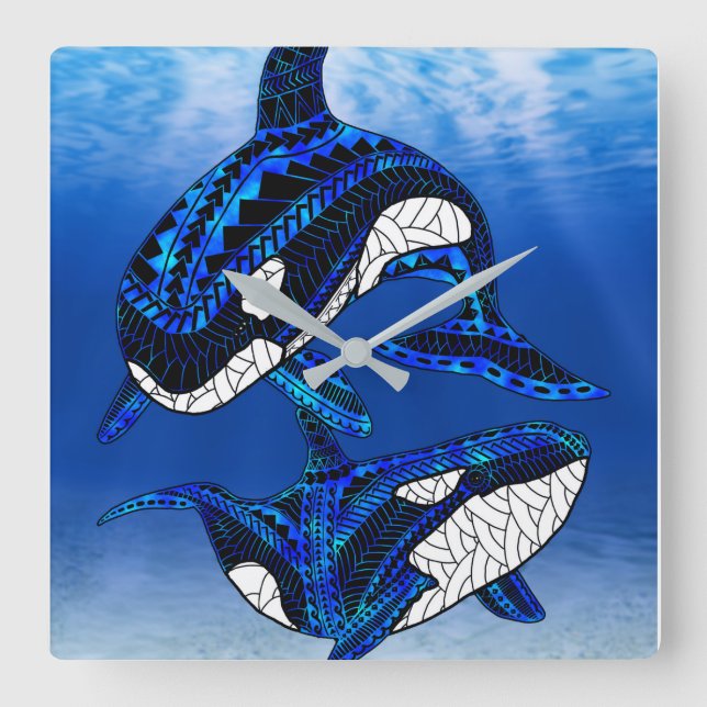 Tribal Orca Killer Whales Square Wall Clock (Front)