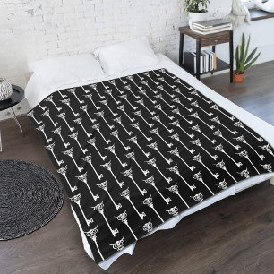 Tribal Owl Skeleton Key Black White Gothic Fleece Blanket