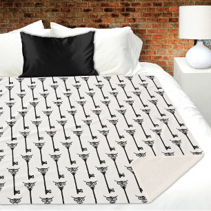 Tribal Owl Skeleton Key Black White Gothic Sherpa Blanket