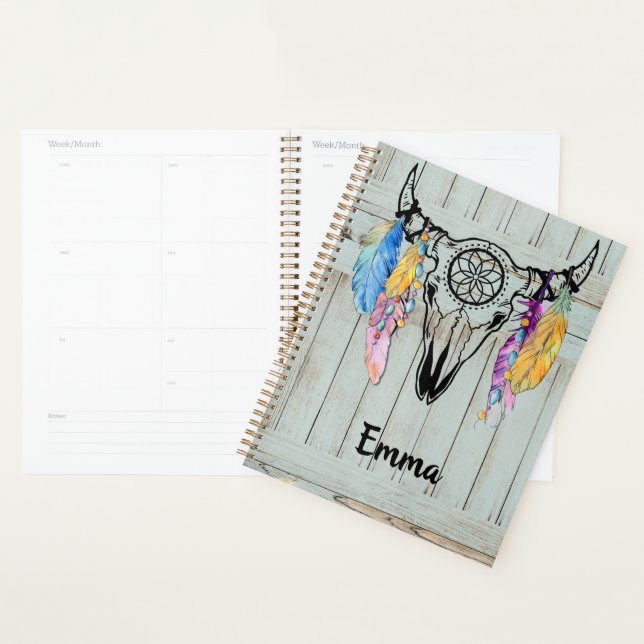 Tribal Ox Skull With Watercolor Beads Feathers   Planner (Display)