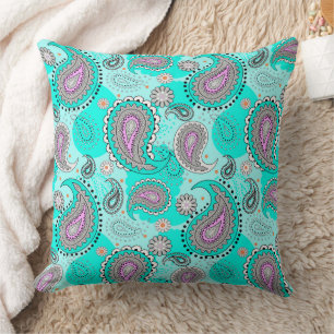 Tribal paisley pattern bright traditional turquois throw pillow